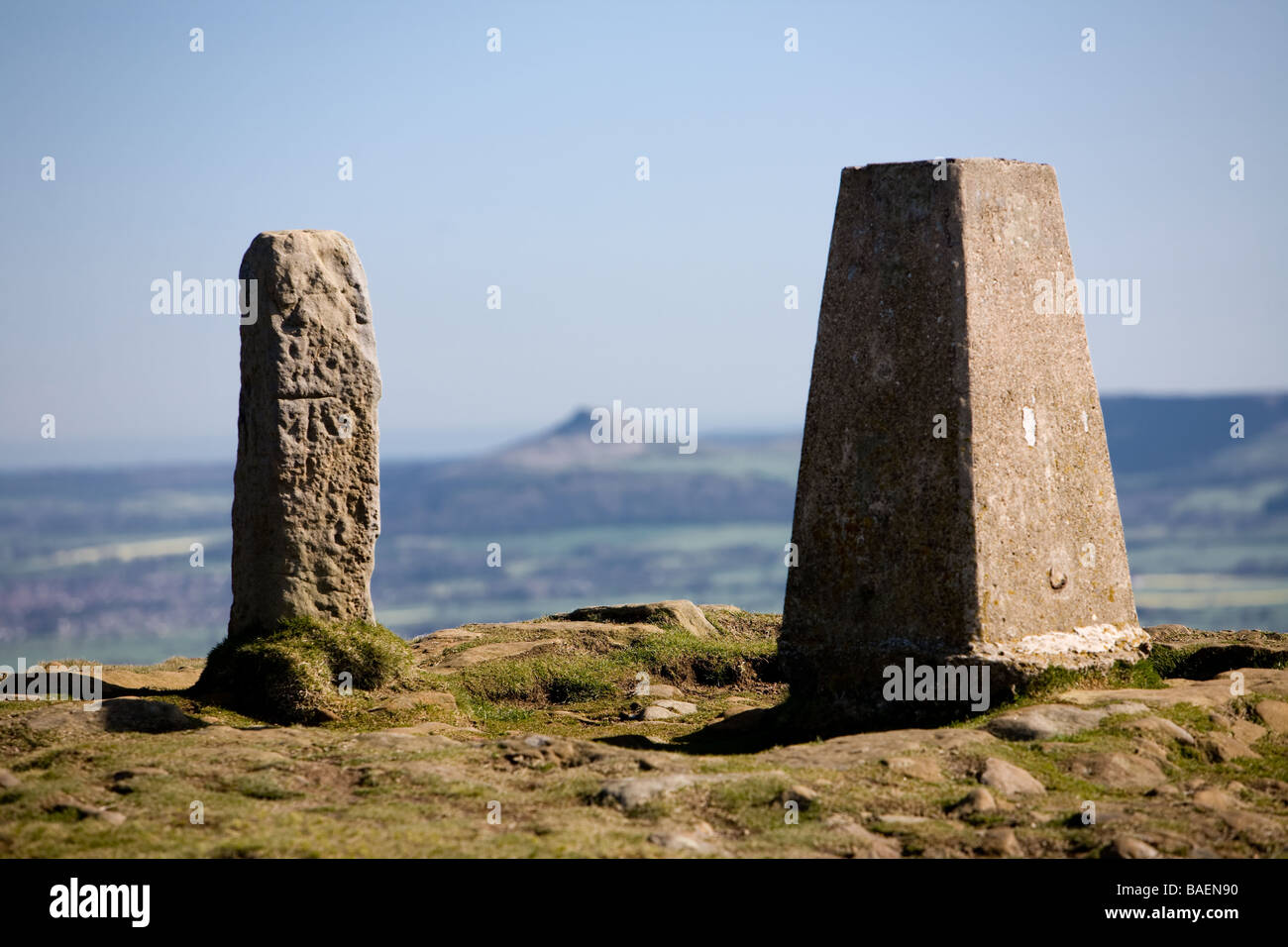 Marker Stone Ordnance Collumn and looking Toward Roseberry Topping from Carlton Bank England Stock Photo