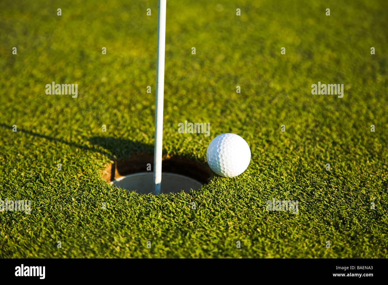 GOLF Golf ball on rim of hole pin and flag Stock Photo Alamy