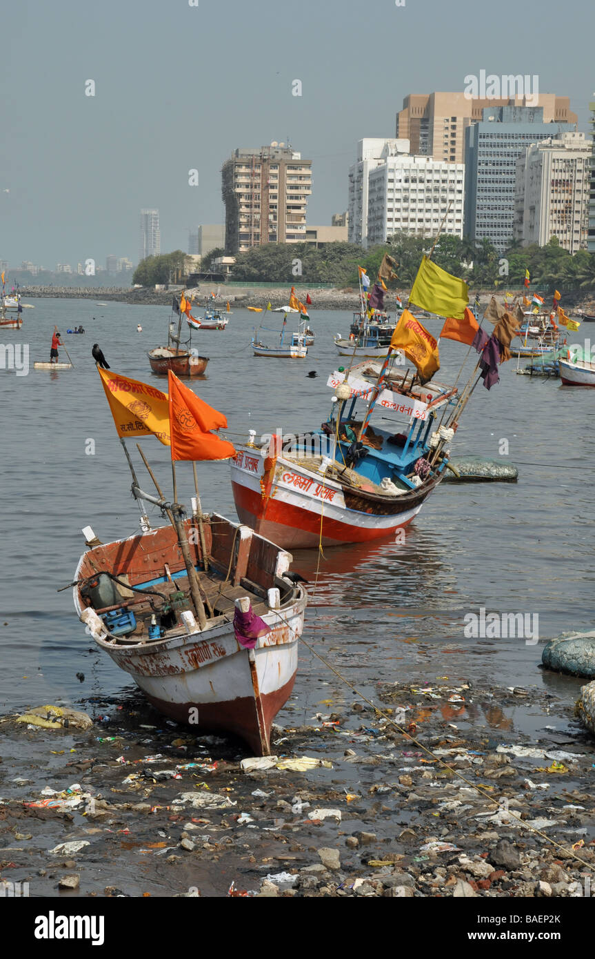 Fishing Boats coming in port, Mumbai, India Stock Photo
