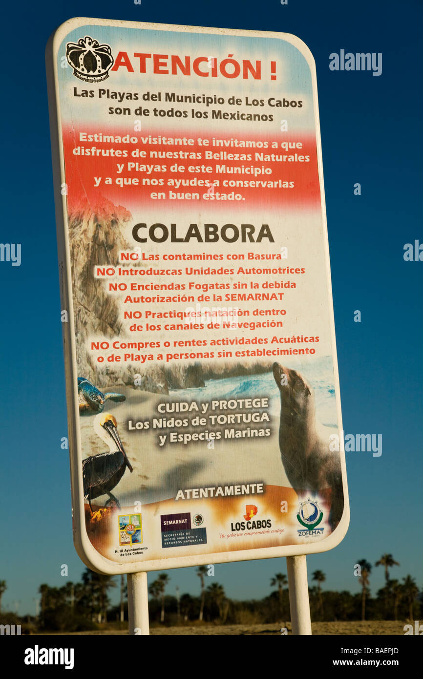 MEXICO San Jose del Cabo Sign in Spanish on beach with rules and