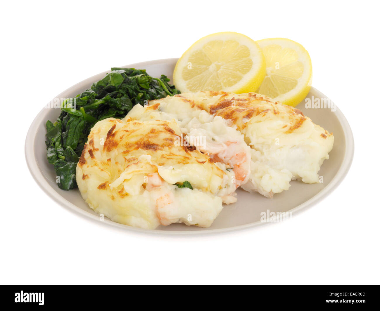 Fish Pie with Steamed Spinach Stock Photo - Alamy