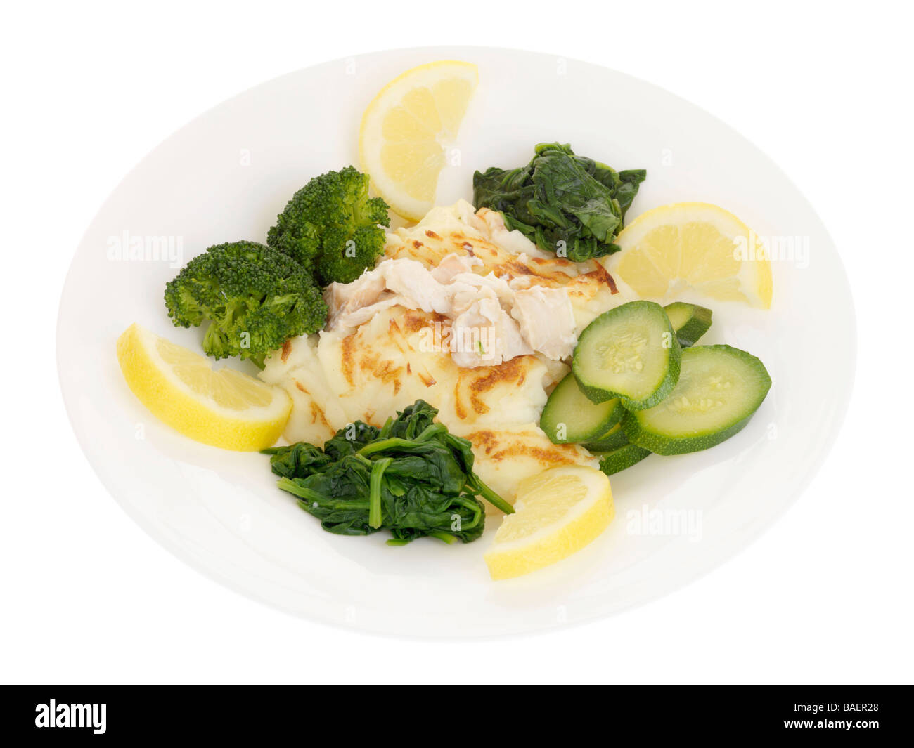 Fish Pie with Steamed Spinach Stock Photo - Alamy