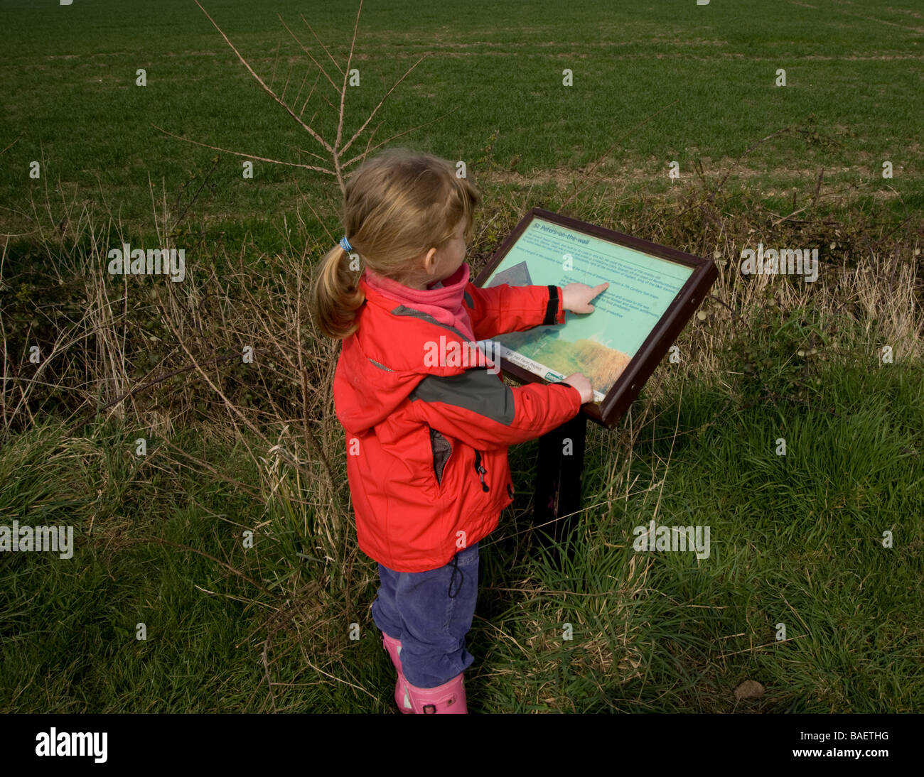 Young girl in red coat looks at information board outside St.Peter's Chapel at Bradwell, Essex. Stock Photo