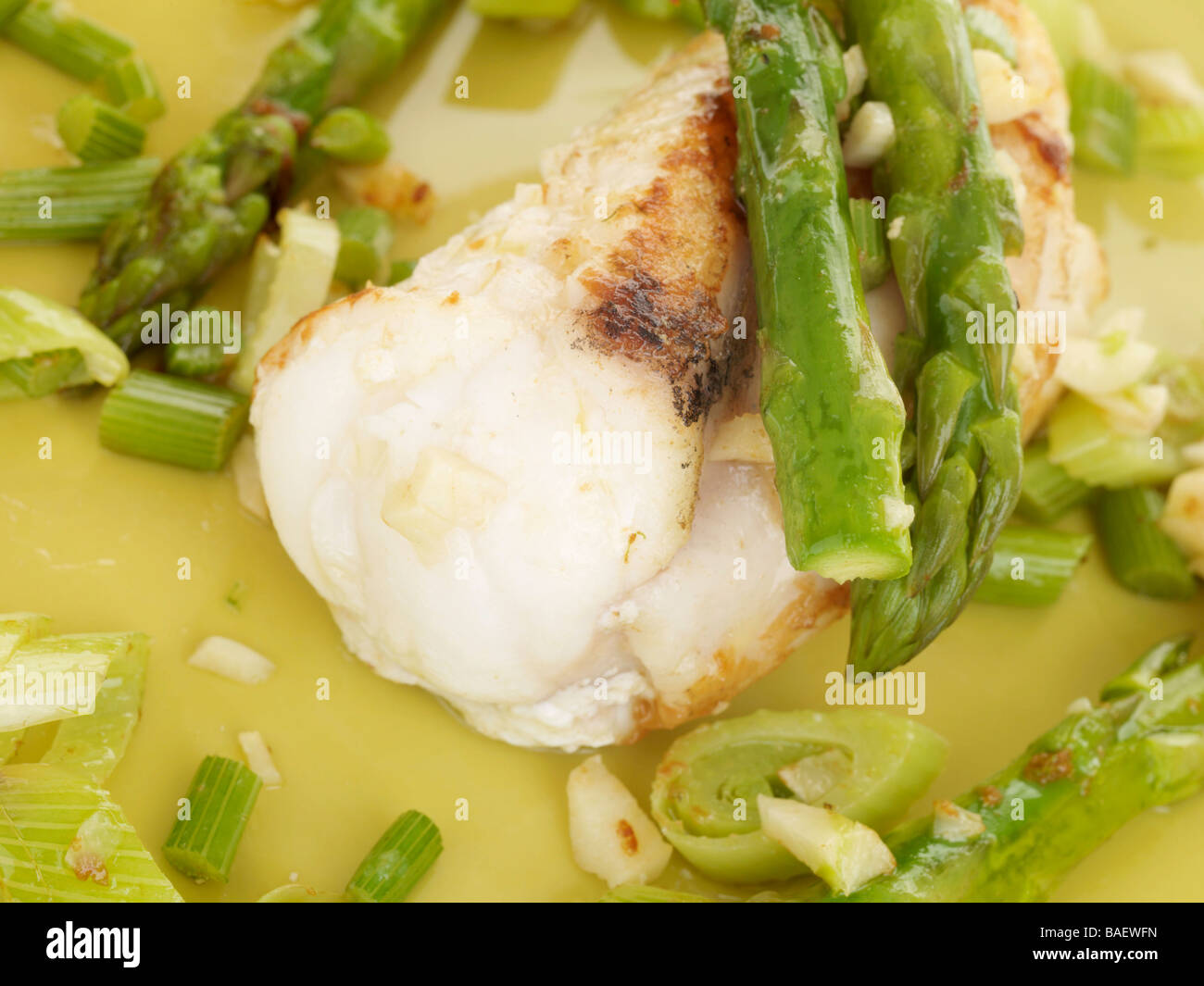 Freshly Cooked Healthy Monk Fish With Asparagus With No People Stock Photo