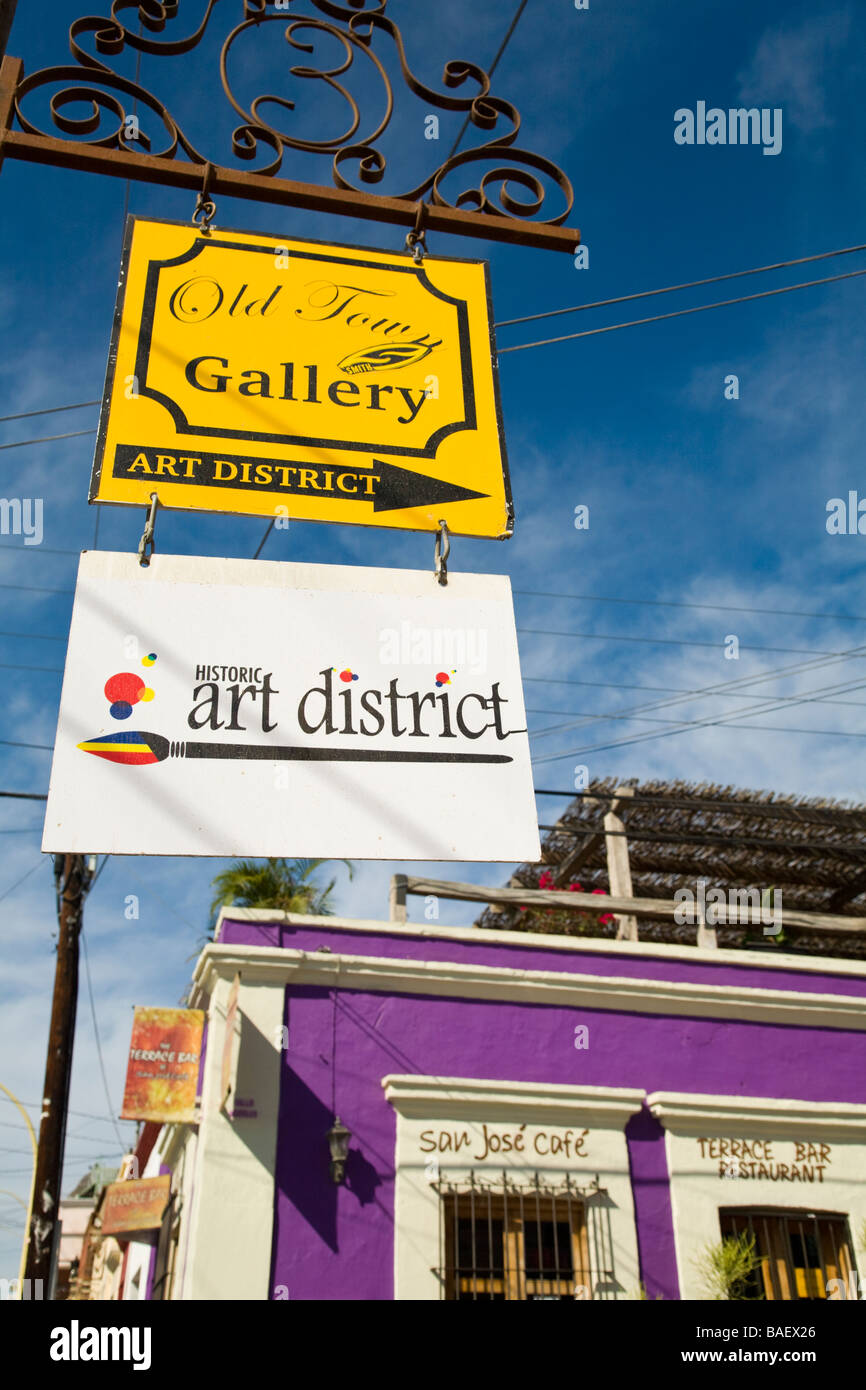 MEXICO San Jose del Cabo Sign with arrow pointing to historic art district in downtown area sign in English Old Town gallery Stock Photo