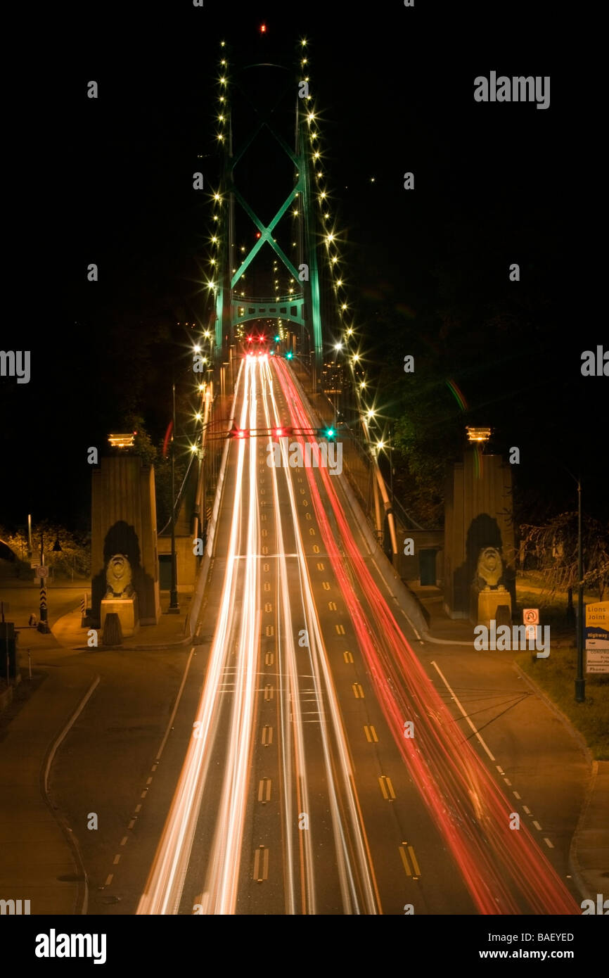 Lions Gate Bridge at Night - Vancouver, British Columbia, Canada Stock Photo