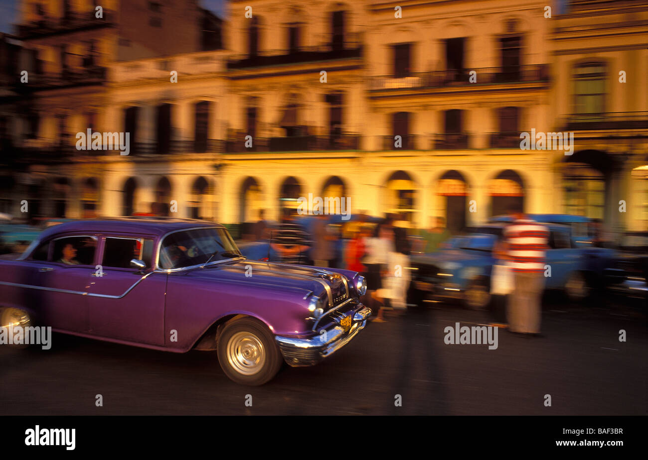 old car in motion, Havana, Cuba Stock Photo