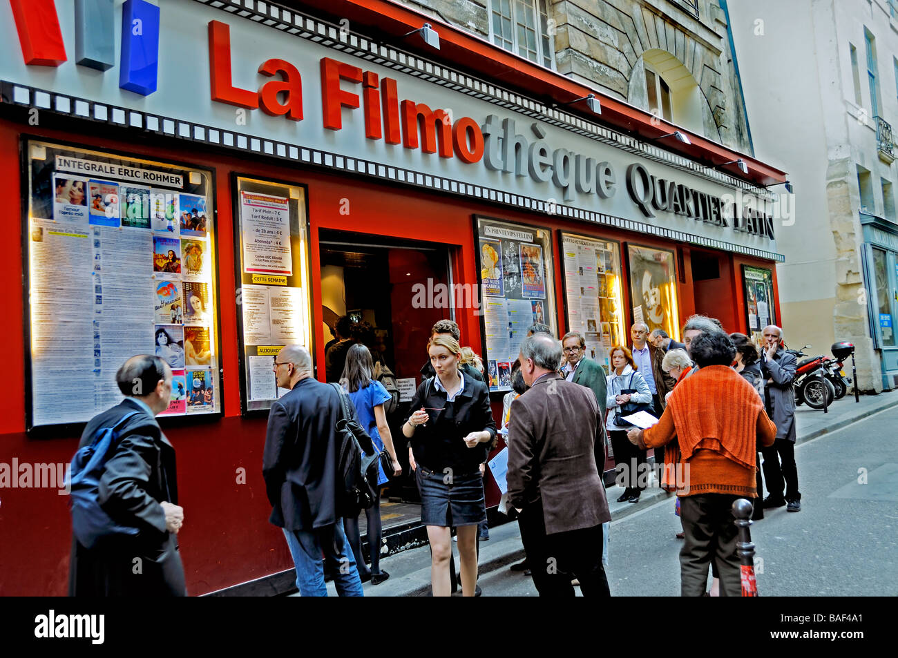 Paris France, Street Scene, Outside, Independent French Cinema Theatre, Latin Quarter, 'La Filmotheque' Front Movie Theater Marquee, EXTERIOR, waiting Stock Photo