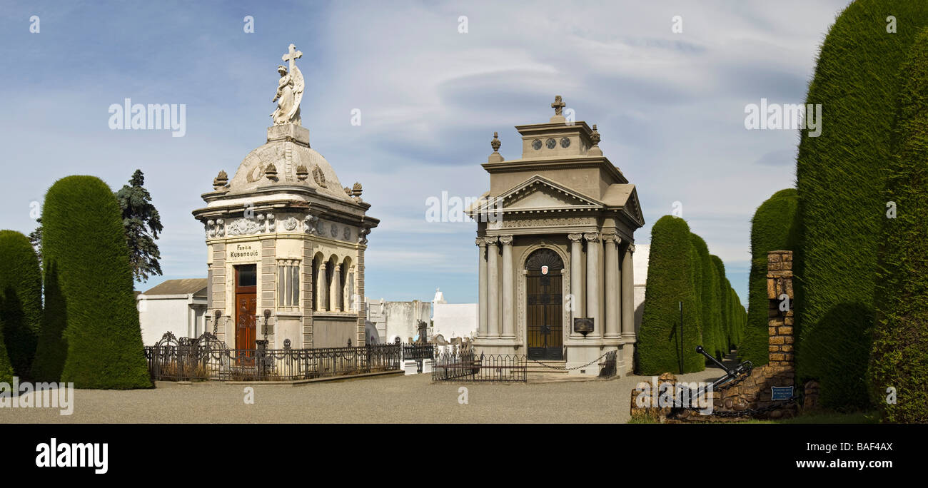 Panoramic view of two mausoleums. The Historic Municipal Cemetery in Punta Arenas, Chile, South America. Stock Photo
