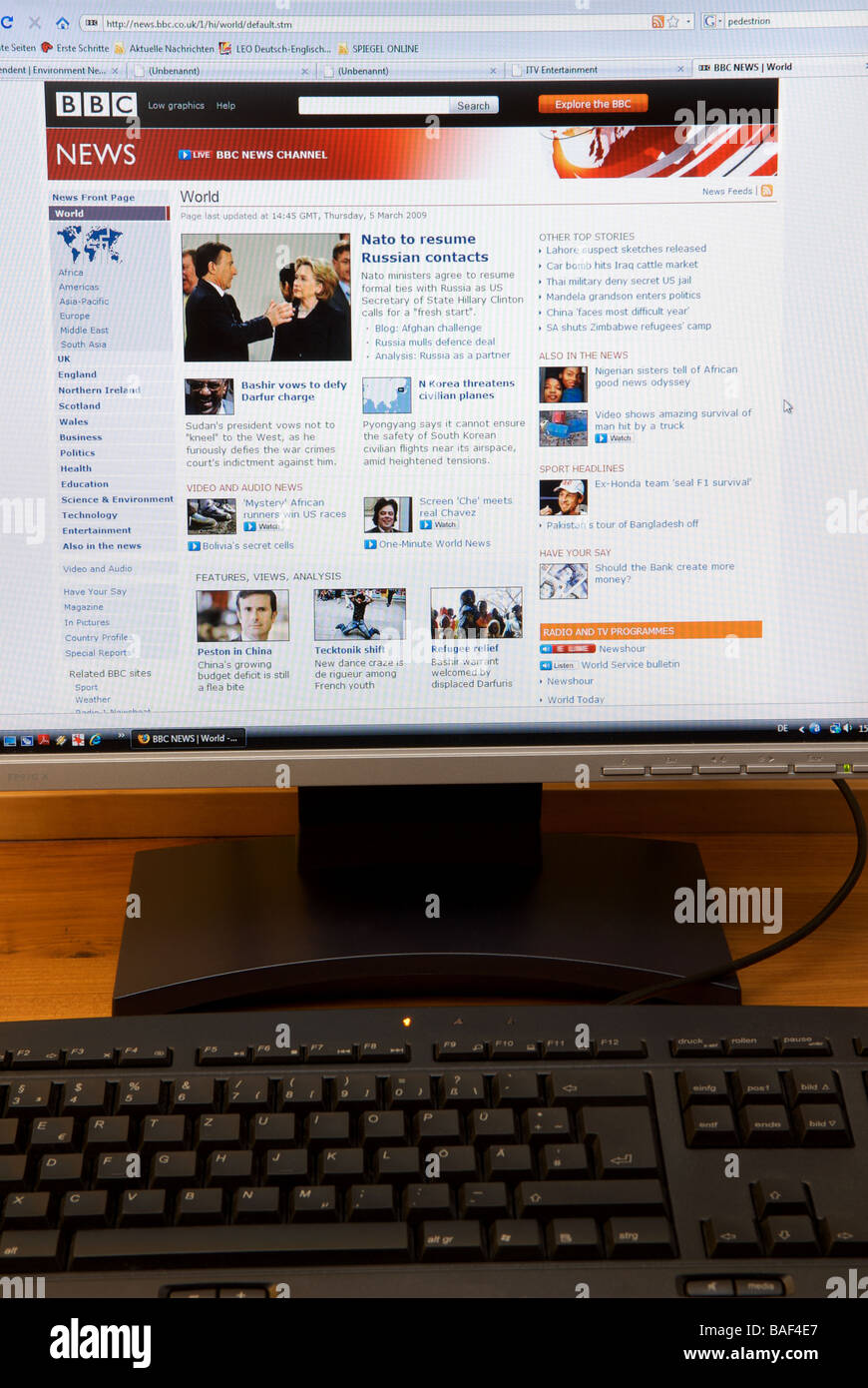 Desktop computer displaying the BBC homepage. Stock Photo