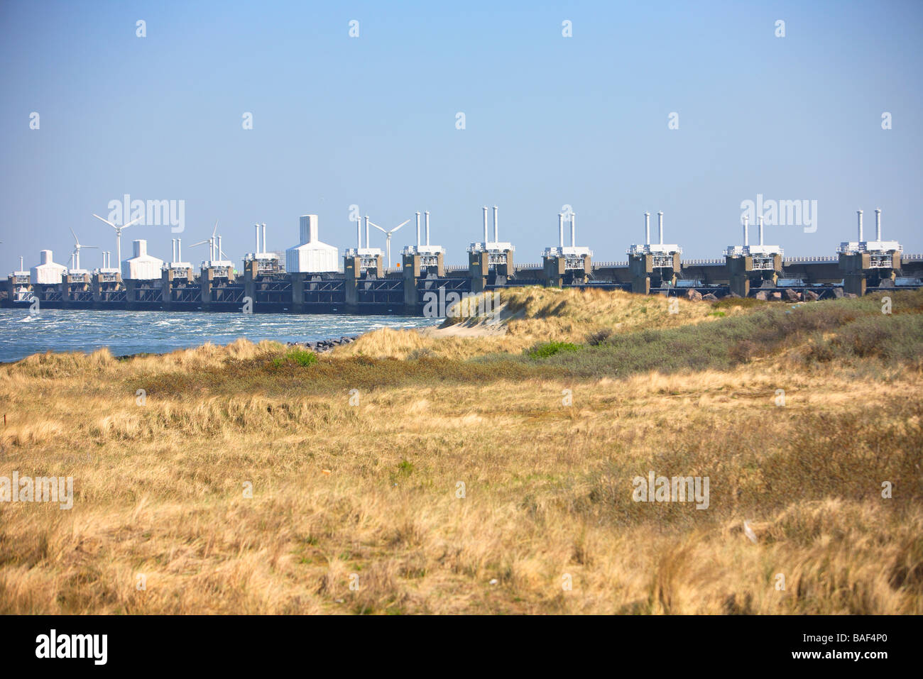 Netherlands, Zeeland, water, seawall, sea, wall, zee, waterkering, dijk, delta, werken, deltawerken Stock Photo