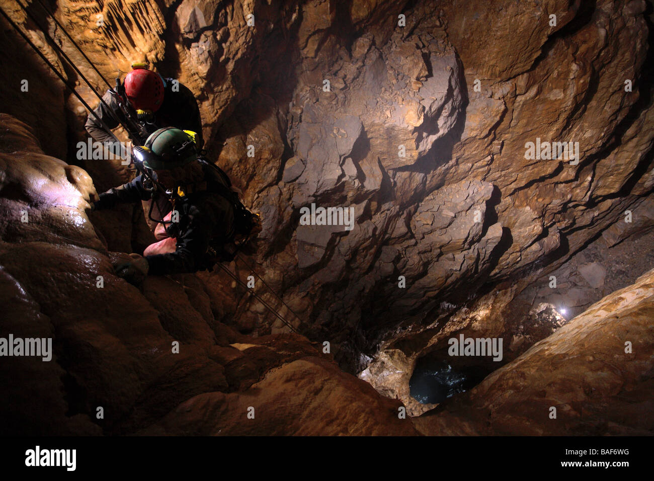 Kate Humble and Steve Backshall ascend the UK's largest natural shaft called Titan for BBC documentary entitle 'Ultimate Caving' Stock Photo