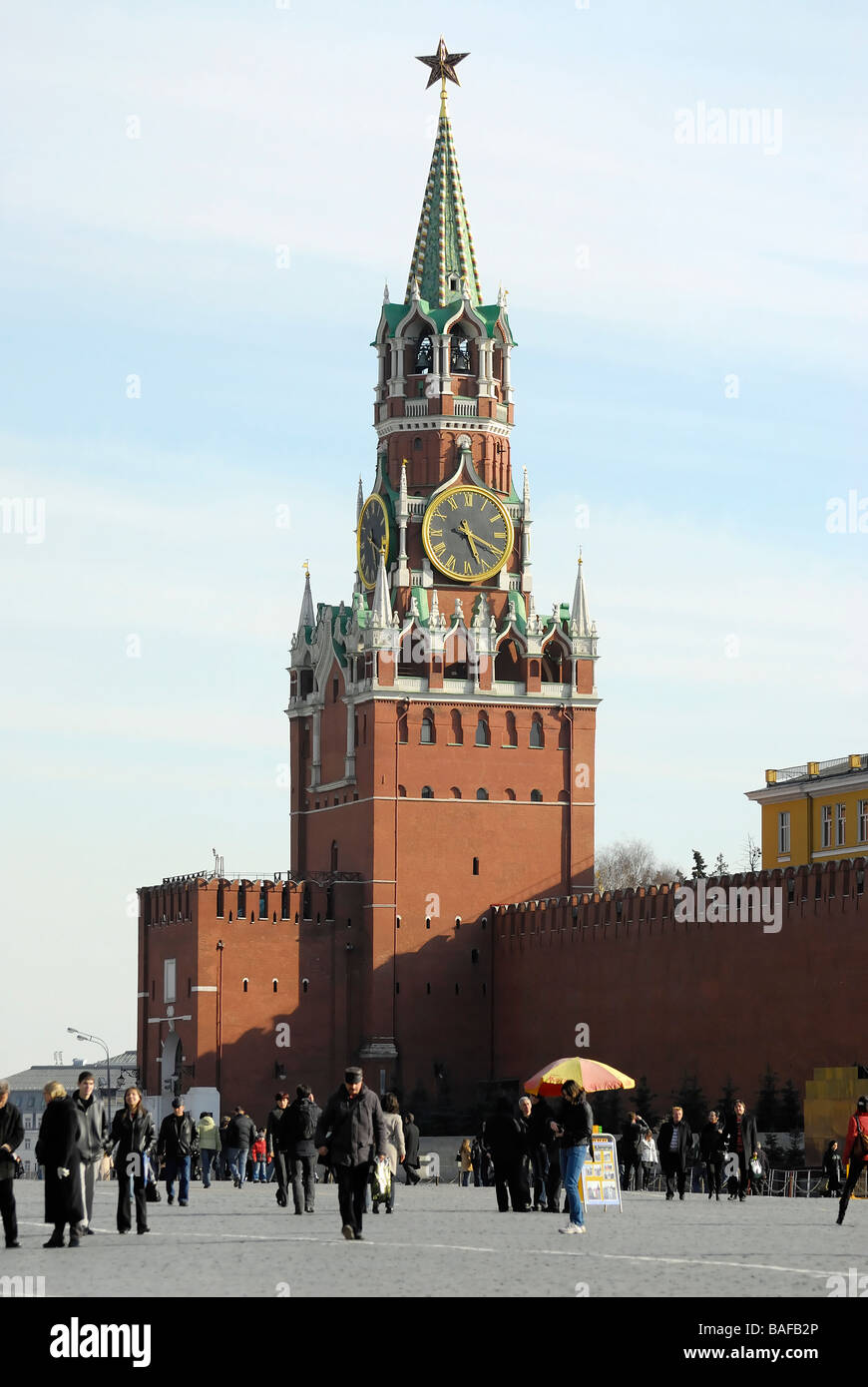 Red Square and Spasskaya Saviour Tower of Moscow Kremlin Stock Photo