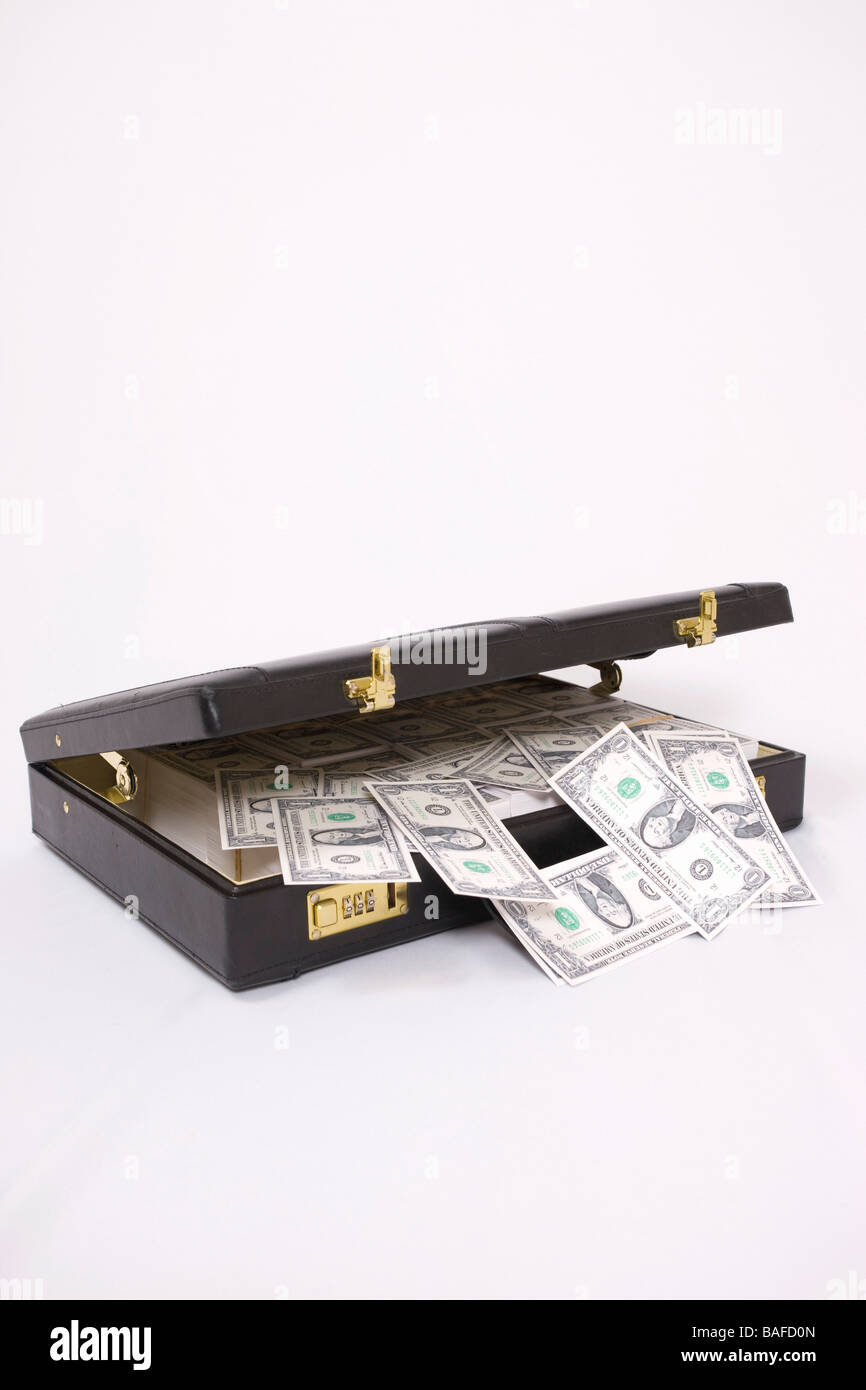 Briefcase with money spilling out Stock Photo Alamy