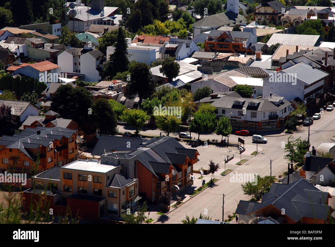 Aerial view of houses and streets of San Martin de los Andes