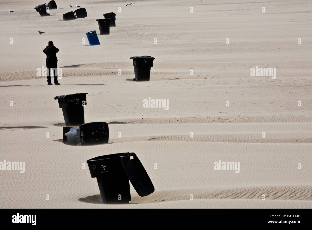 Garbage cans on beach Santa Monica Beach Los Angeles County California