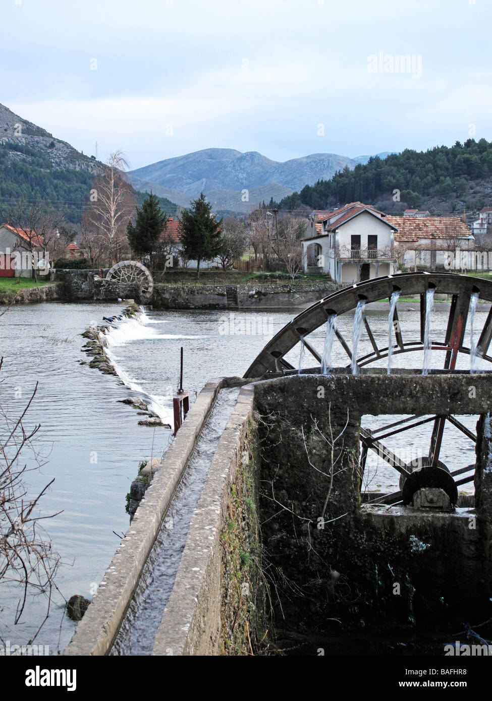 Bosnia and Herzegovina Republik of Srpska Irrigation water wheels in Trebinje on Trebisnjica river Stock Photo