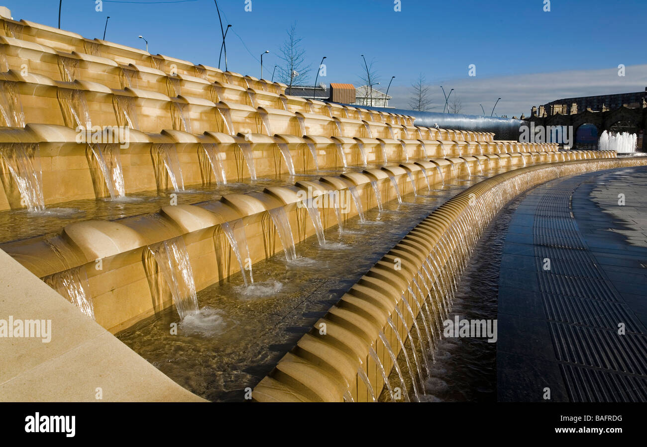 Sheaf Square, Sheffield, United Kingdom, Sheffield Regeneration Project, Sheaf square detail of sandstone water feature. Stock Photo