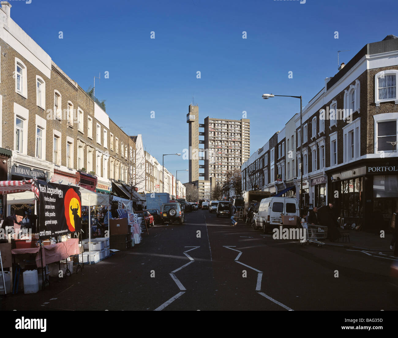 Trellick Tower, London, United Kingdom, Erno Goldfinger, Trellick tower distant view from golbourne road during market. Stock Photo