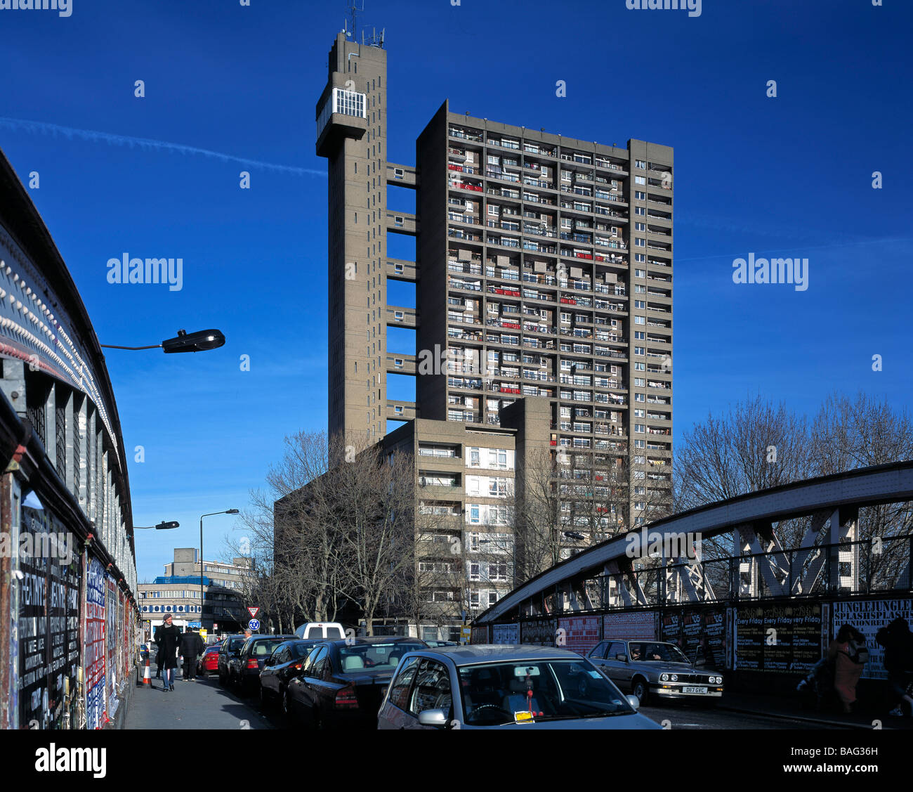 Trellick Tower, London, United Kingdom, Erno Goldfinger, Trellick tower overall view from bridge. Stock Photo