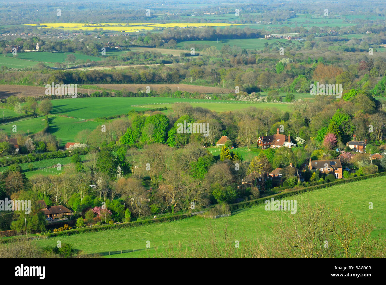 View from the South downs looking across English countryside in West sussex near ditchling and Brighton Engalnd UK Stock Photo