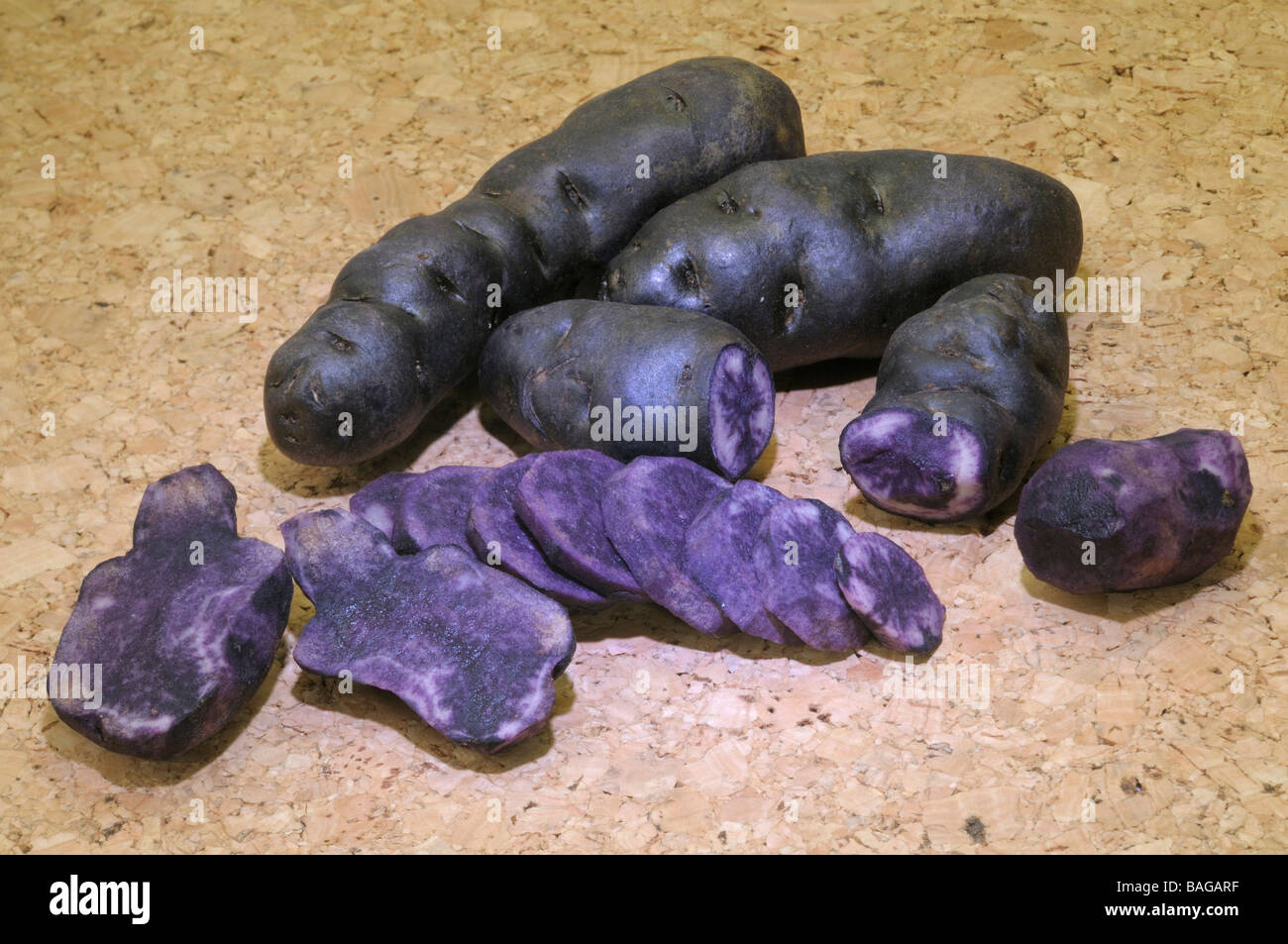 Potato (Solanum tuberosum), variety: Vitelotte Noire, studio picture Stock Photo