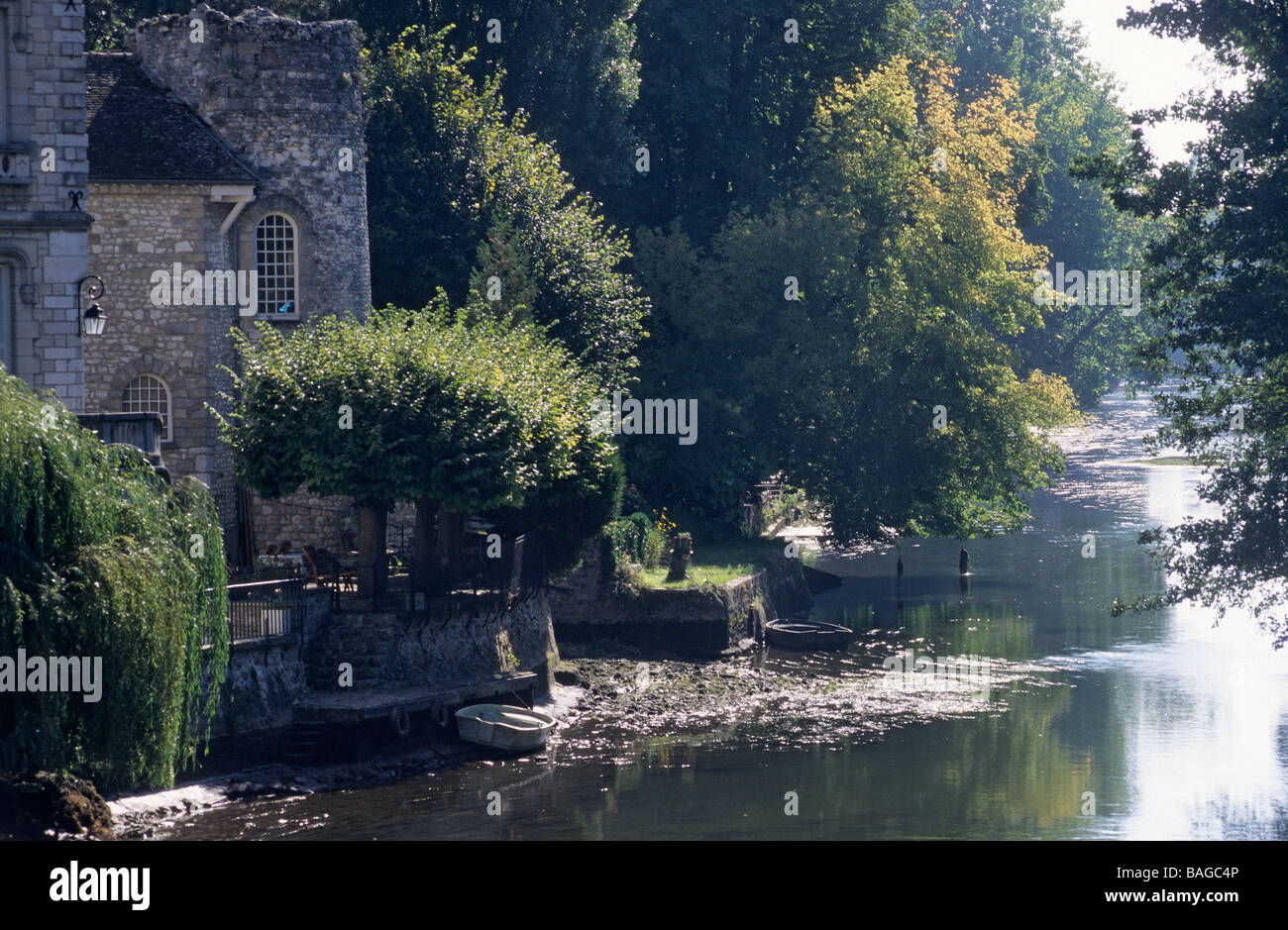 France, Seine et Marne, Moret sur Loing, banks of the River Loing, detailed picture of houses and mills Stock Photo