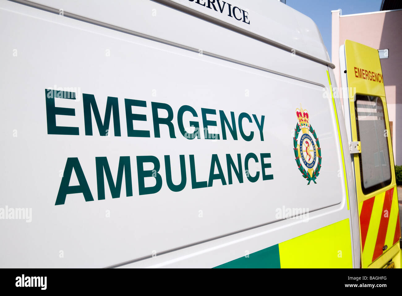 Close up of NHS Emergency Ambulance sign, UK Stock Photo