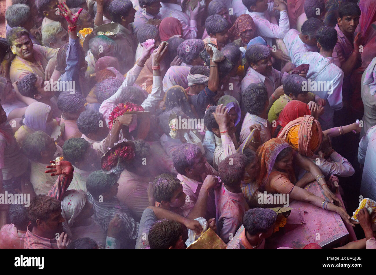 India, Uttar Pradesh, temple dedicated to the God Krishna, Holi Festival, also called the Festival of Colours, Hindu Spring Stock Photo