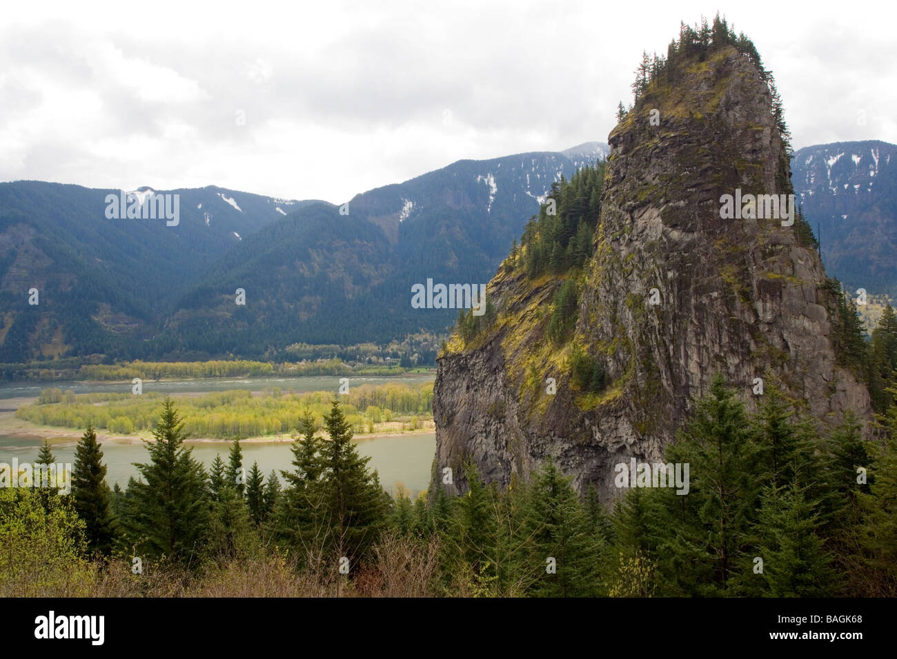 View of Beacon Rock and Columbia River - Beacon Rock State Park, North Bonneville, Washington Stock Photo