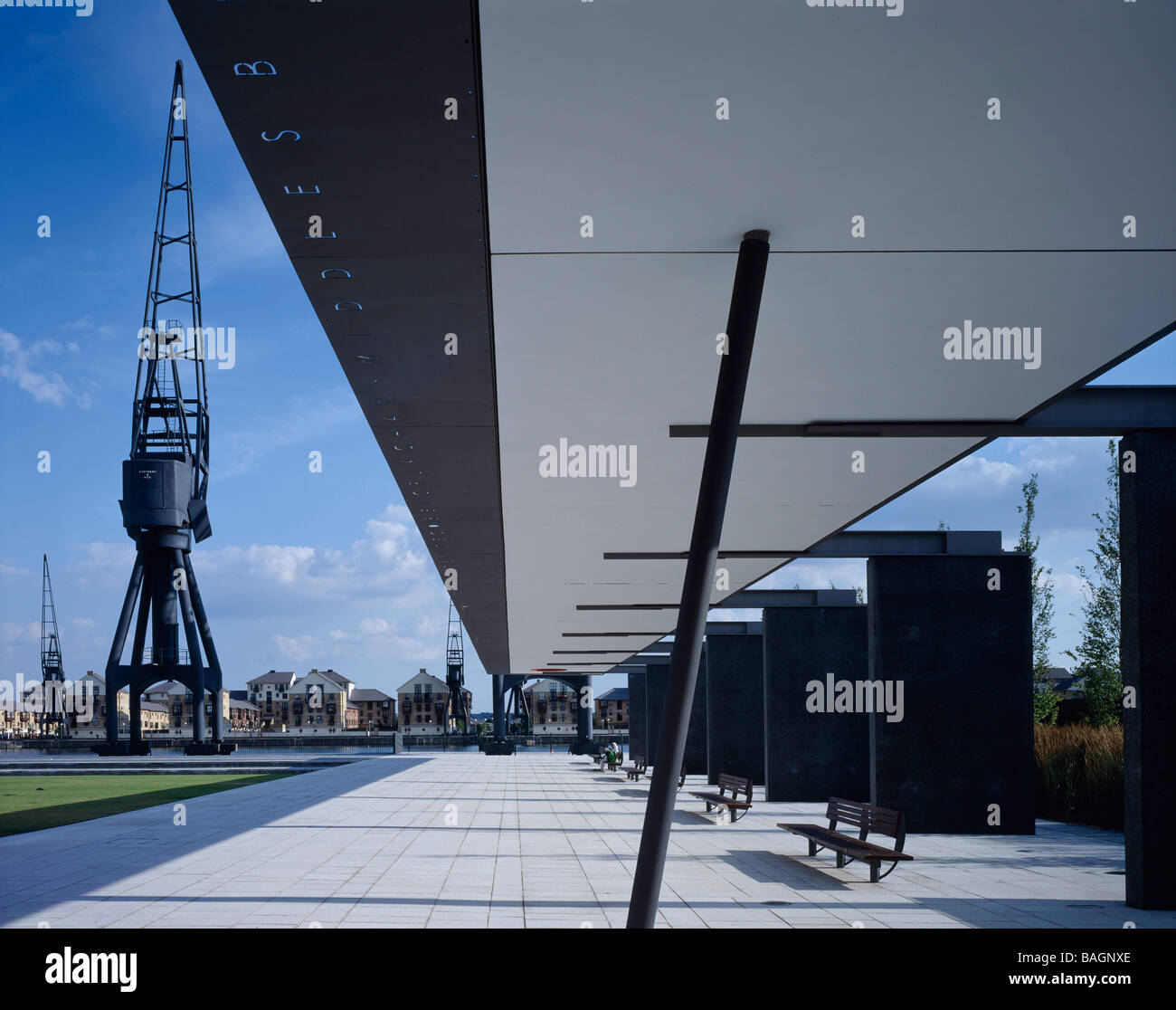 excel gardens view of canopy showing lettering Stock Photo - Alamy