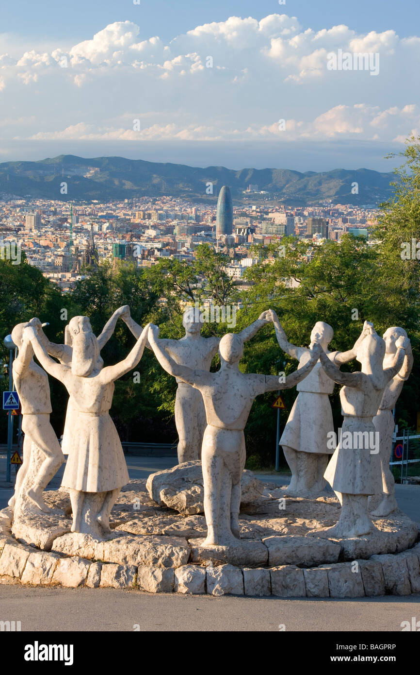 Spain, Catalonia, Barcelona, Montjuic Hill, monument to the Sardana dance, work of J.Comas dated from 1965 and the Agbar tower Stock Photo