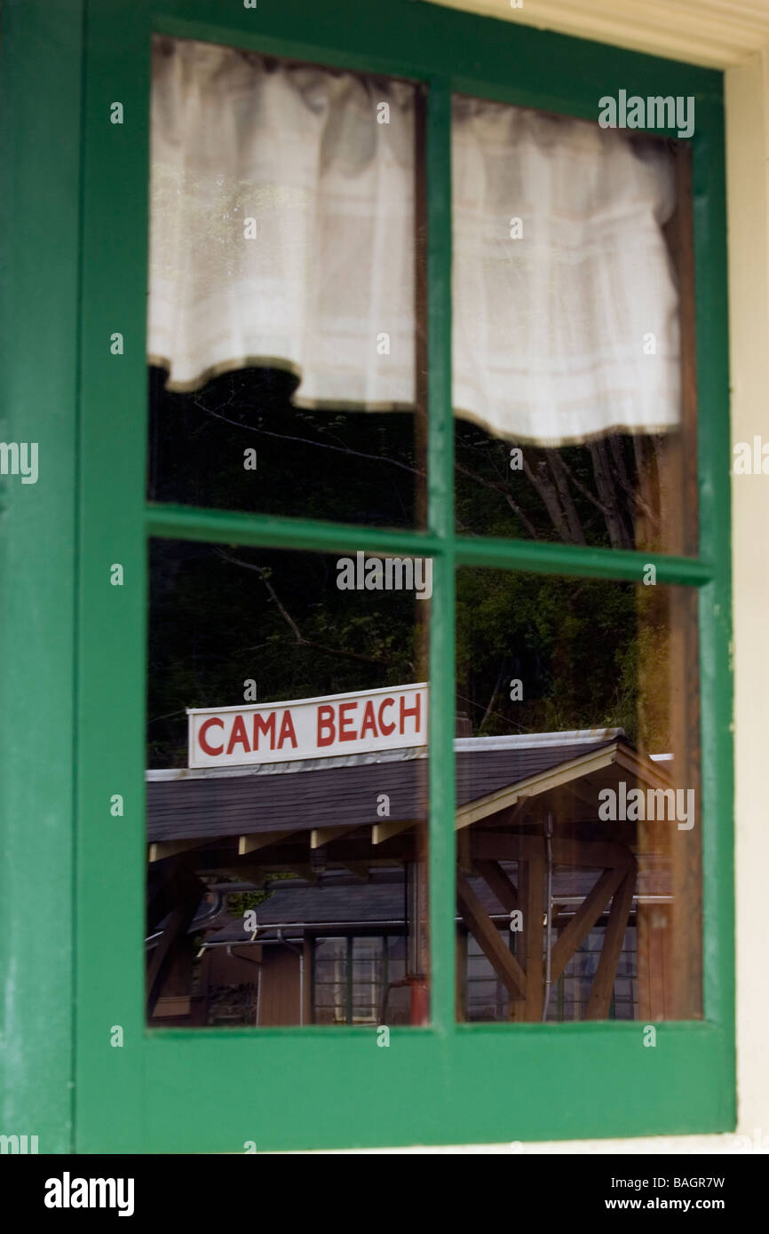 Cama Beach Sign Reflections In Cabin Window Cama Beach State