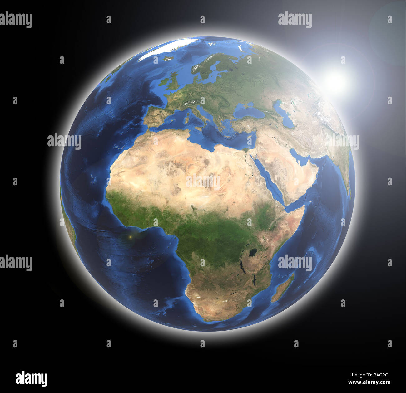 Rendered Earth image (map courtesy of NASA) showing Europe & Africa on black background with atmosphere glow and sun with flare Stock Photo