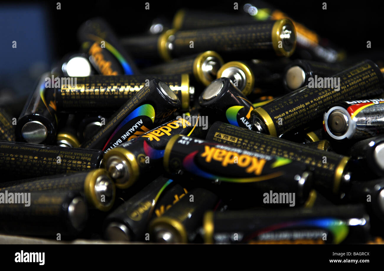 A pile of AA size alkaline batteries ready for recycling Stock Photo