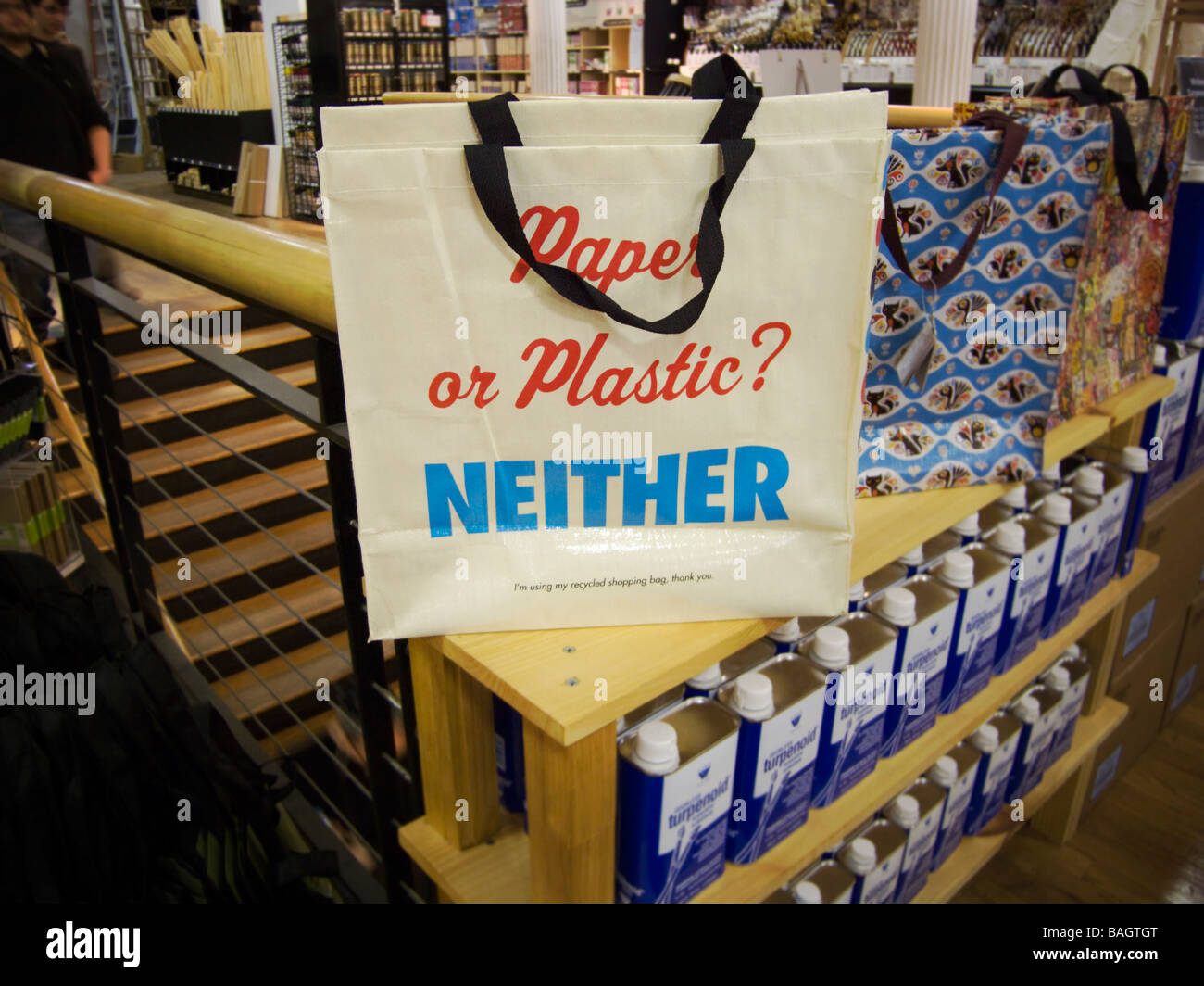 A tote constructed of recycled material is seen in an art supply store