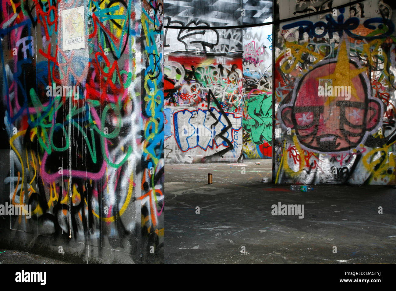 Graffiti-covered skateboard area below the Queen Elizabeth Hall Undercroft, South Bank, London, UK Stock Photo