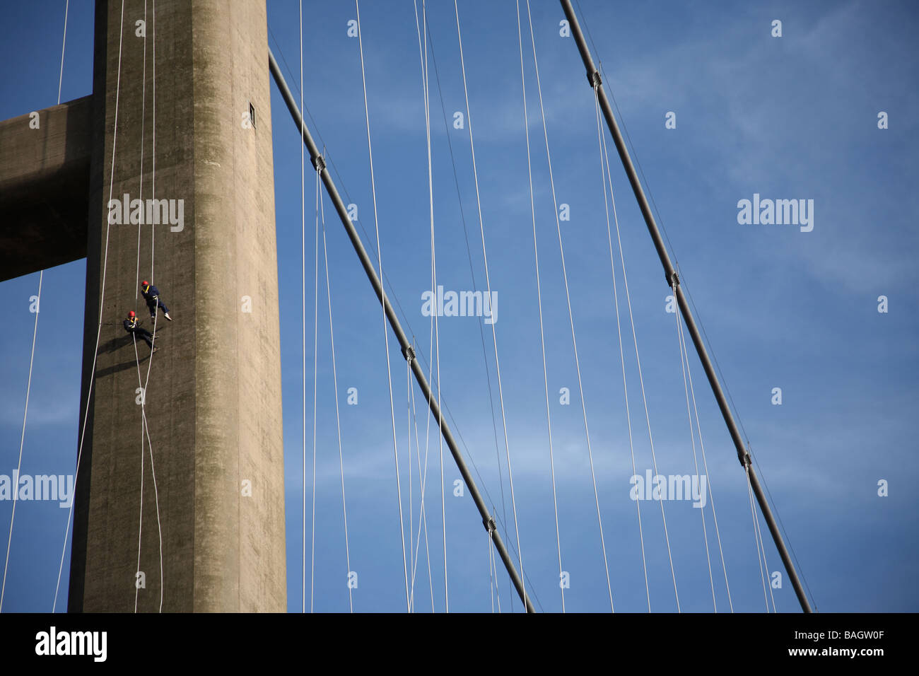 Rappelling on The Humber Bridge in Hull, England Stock Photo