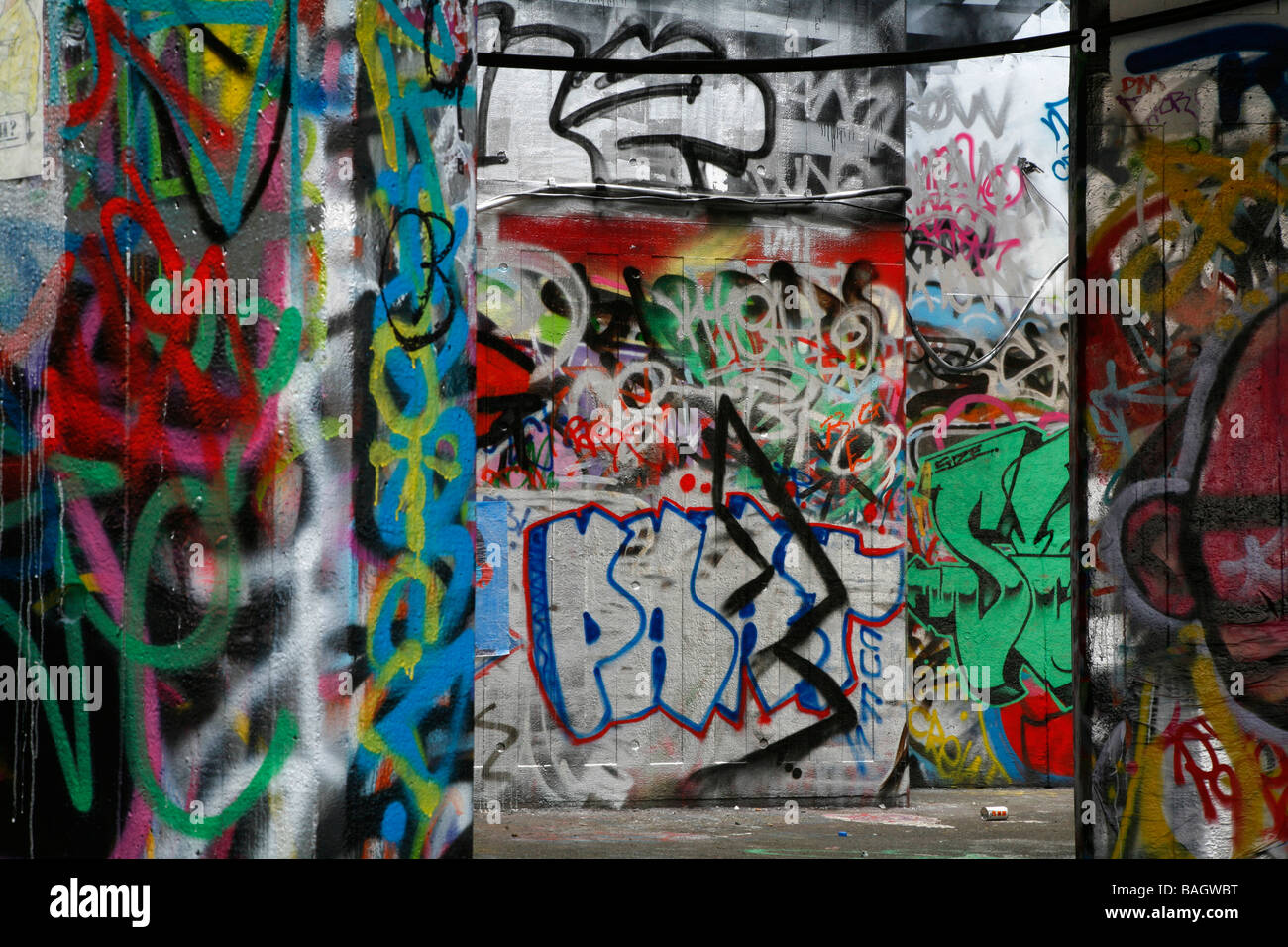 Graffiti-covered skateboard area below the Queen Elizabeth Hall Undercroft, South Bank, London, UK Stock Photo