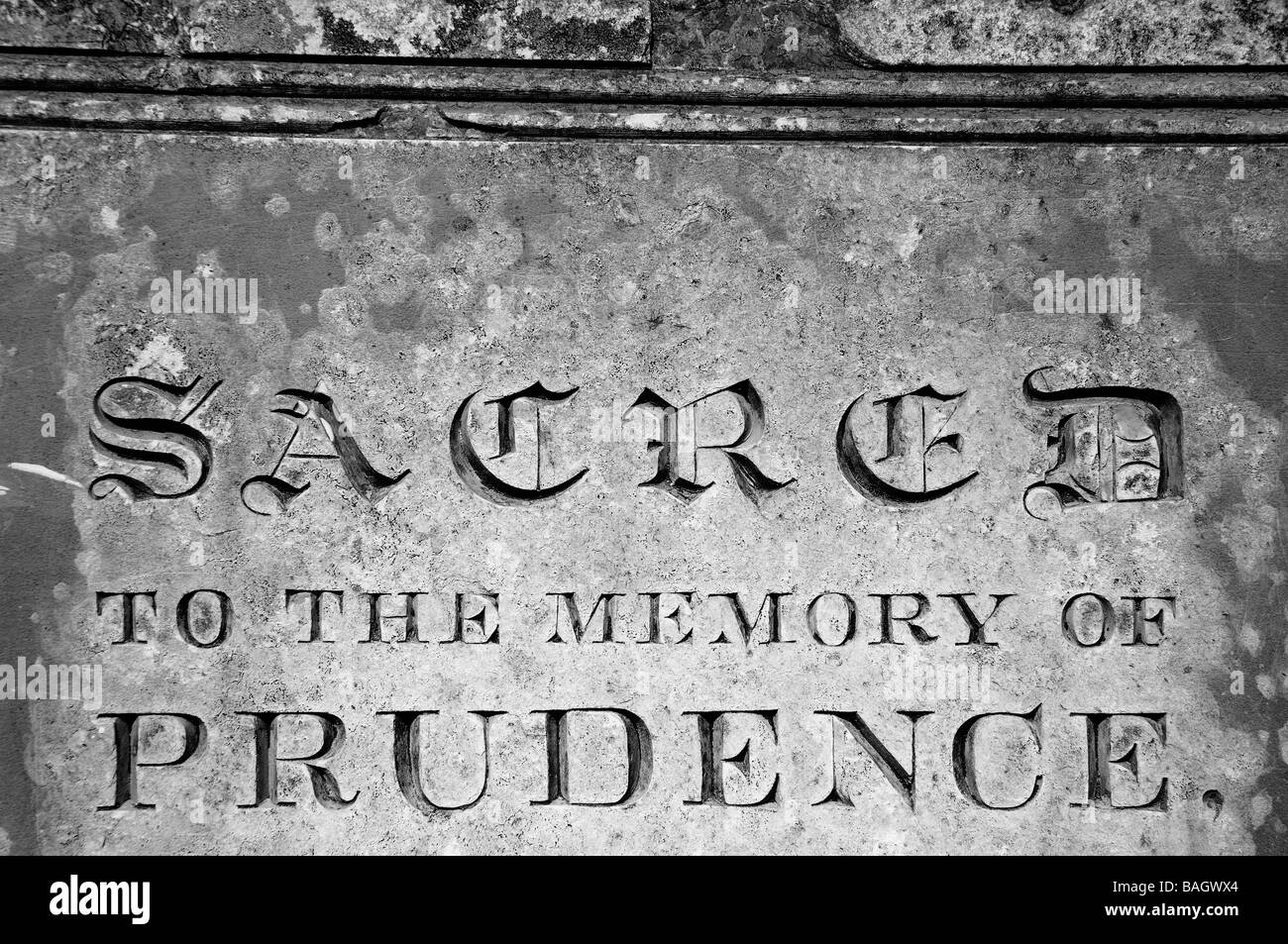 Sacred to the memory of prudence (black and white) Stock Photo