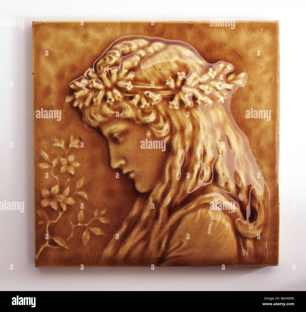 Antique Victorian Art Nouveau majolica glazed tile circa 1890 Stock