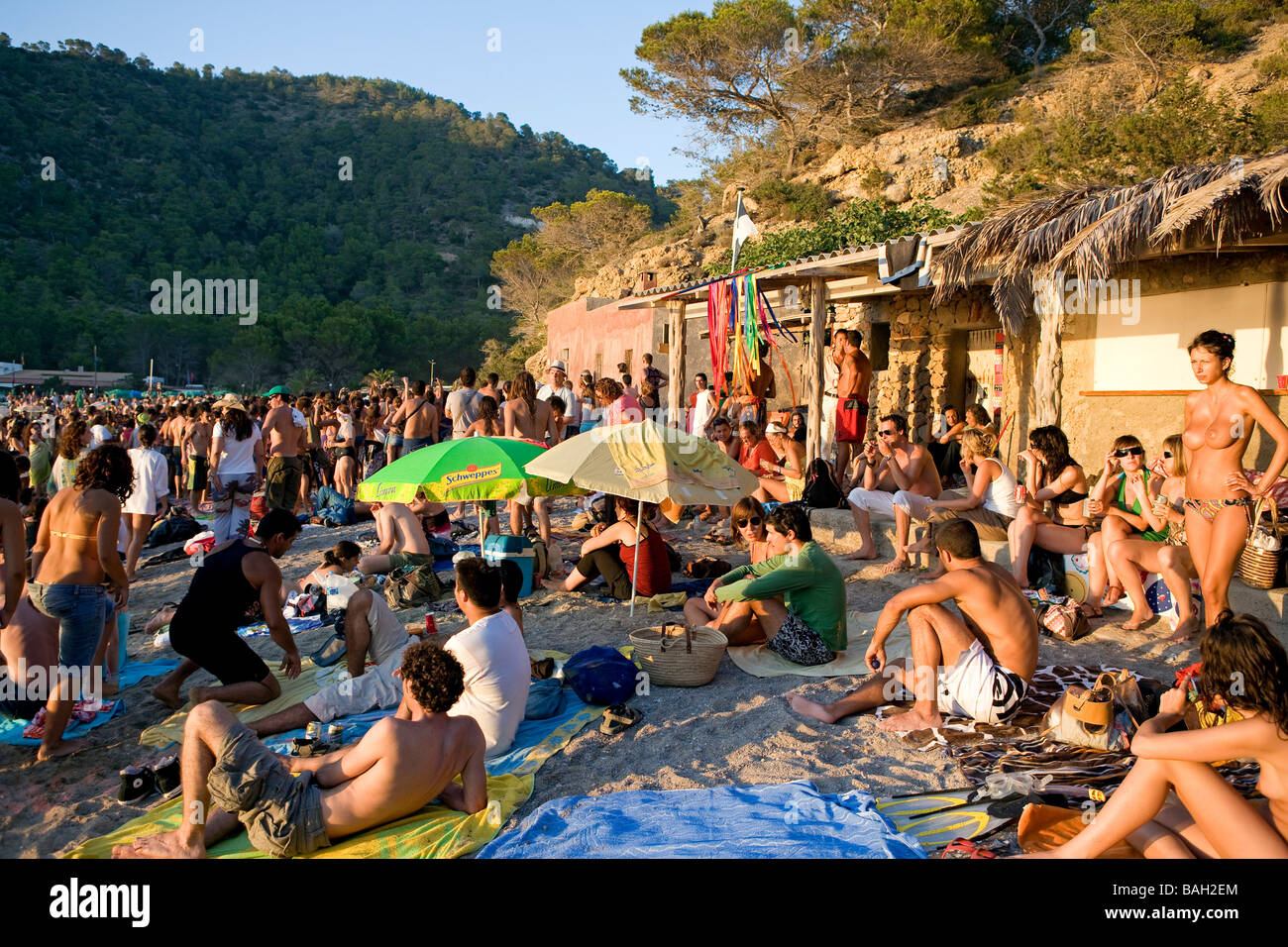 Spain, Balearic Islands, Ibiza island, Benniras beach, during summer, drum concerts are taking place every sunday afternoon Stock Photo