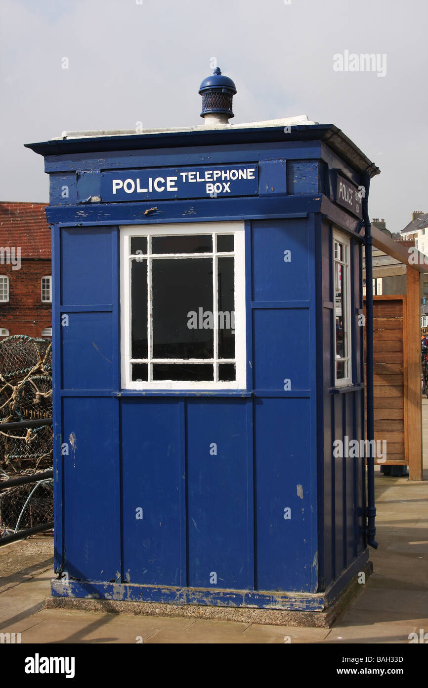 Police telephone call box on Scarborough sea front known as the Tardis in the Dr. Who TV series. Stock Photo
