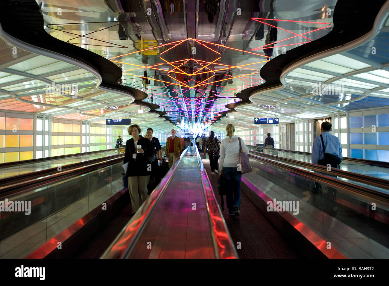 United States, Illinois, Chicago, O'Hare new international airport, pedestrians on the moving walkway Stock Photo