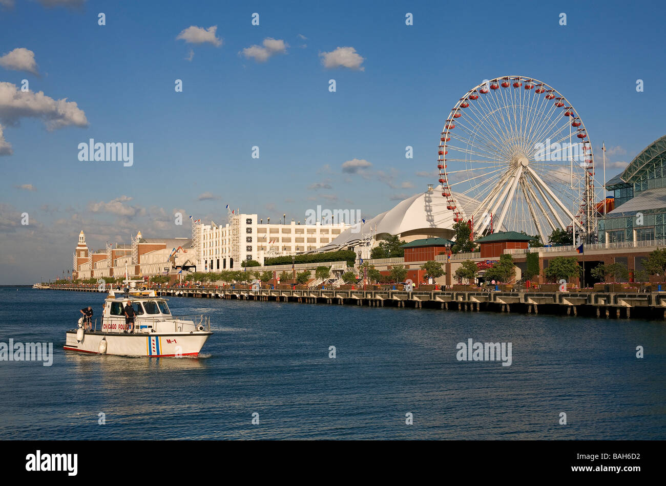 United States, Illinois, Chicago, Navy Pier on Michigan Lake, police boat of oastal surveillance Stock Photo
