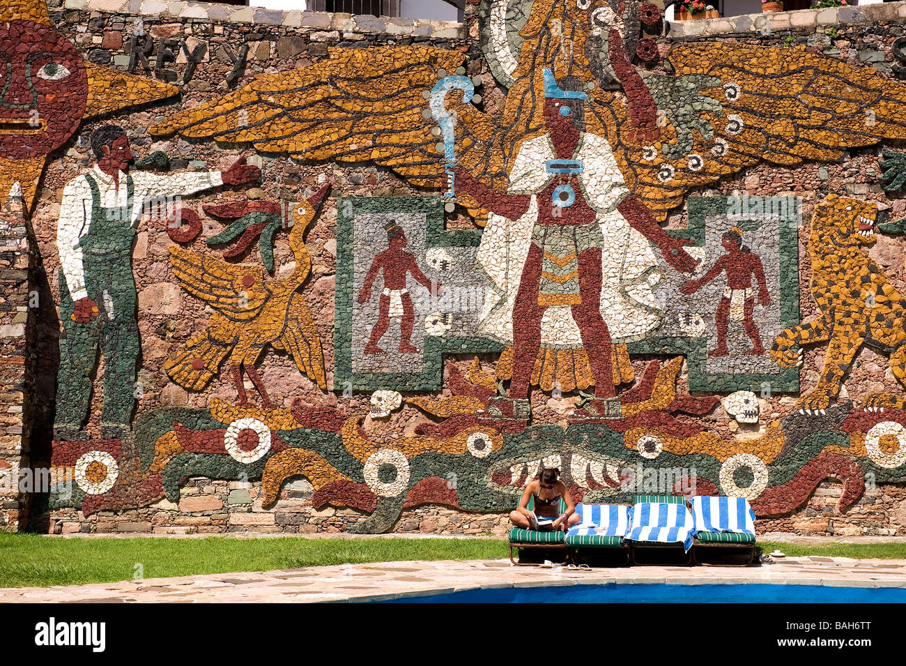 Mexico, Guerrero state, Taxco, Posada La Misión Hotel, Gorm mural representing the Aztec emperor Cuauhtemoc Stock Photo