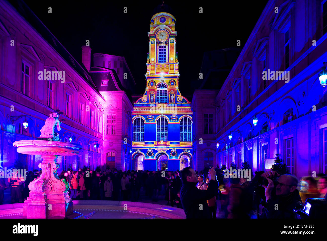 France, Rhone, Lyon, historical site listed as World Heritage by UNESCO, Lyon, Fete des Lumieres (Light Festival), courtyard of Stock Photo