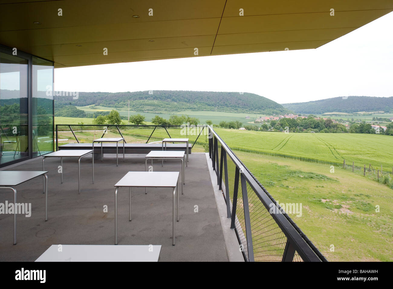 Nebra Ark, Wangen, Germany, Holzer Kobler Architekturen, Nebra ark cafe terrace. Stock Photo
