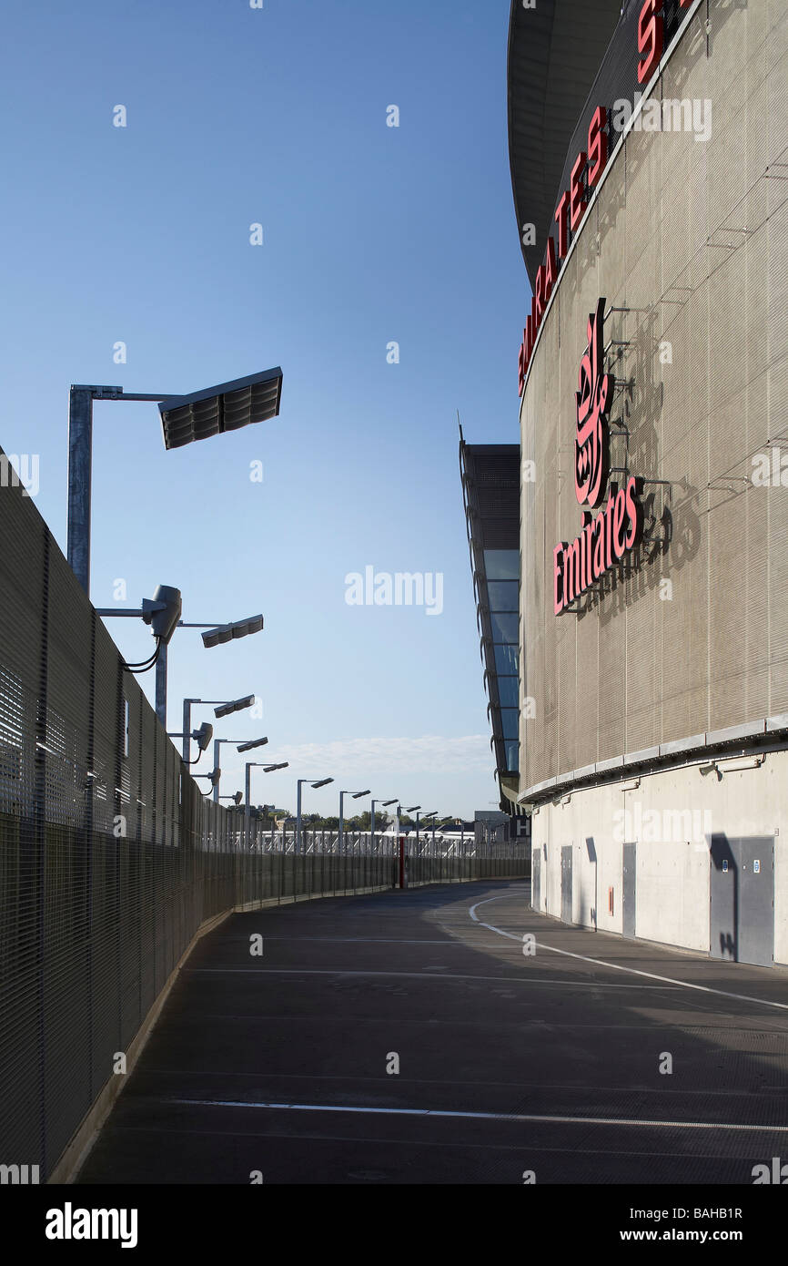 Emirates Stadium, London, United Kingdom, Hok Sport, Emirates stadium side view with mesh facade and emirates logo. Stock Photo