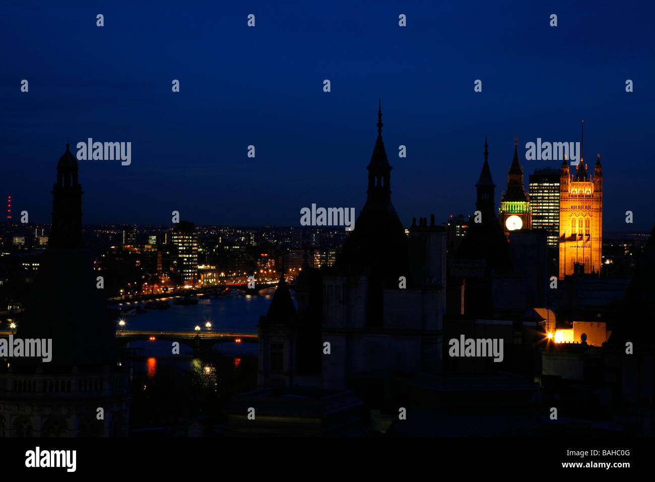 View over the Whitehall rooftops to the Houses of Parliament, Westminster, London, UK Stock Photo